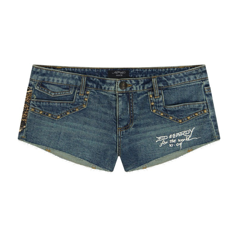 Leopard Panther Studded Micro Denim Short