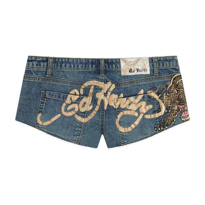 Leopard Panther Studded Micro Denim Short