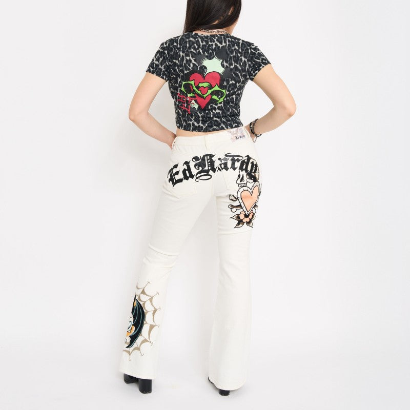 Bat Skull Embroidered Low Waist Bootcut Jeans