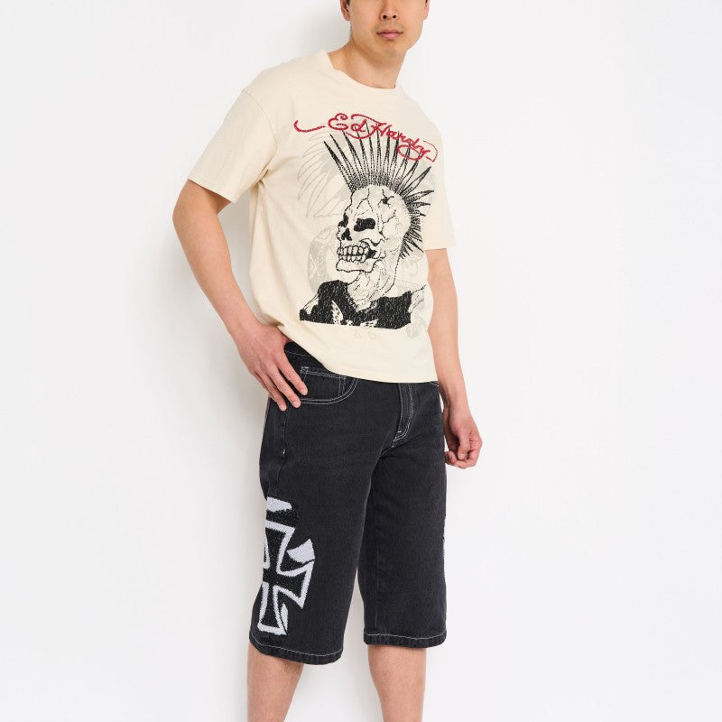 Crosses Rhinestone Mens Long Denim Shorts