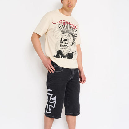 Crosses Rhinestone Mens Long Denim Shorts