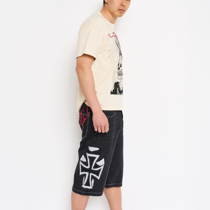 Crosses Rhinestone Mens Long Denim Shorts