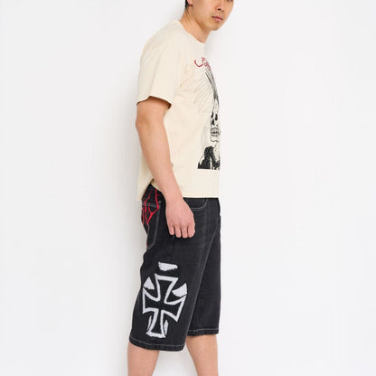 Crosses Rhinestone Mens Long Denim Shorts