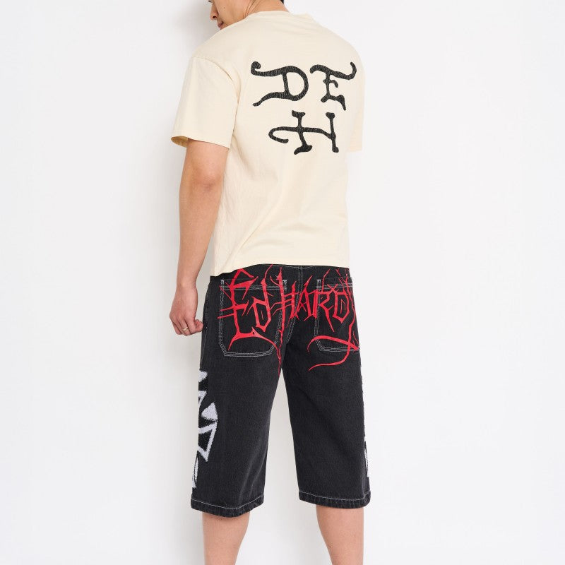 Crosses Rhinestone Mens Long Denim Shorts