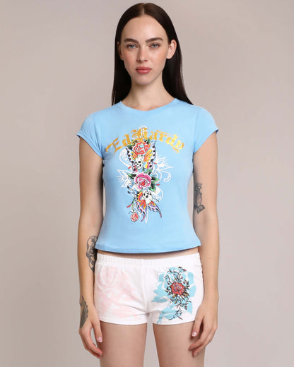 Flower Skulls Cap Sleeve Fitted Tee