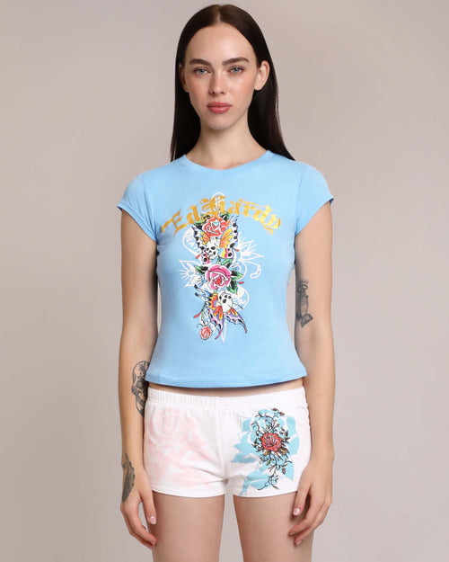 Flower Skulls Cap Sleeve Fitted Tee