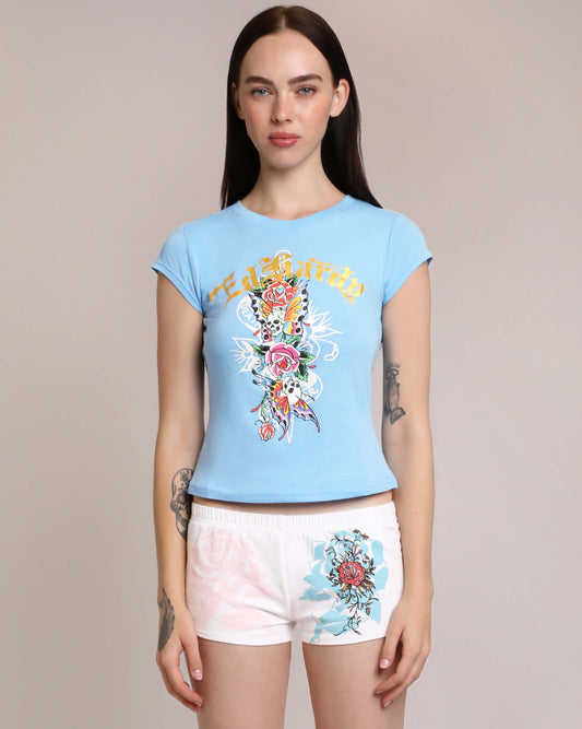 Flower Skulls Cap Sleeve Fitted Tee