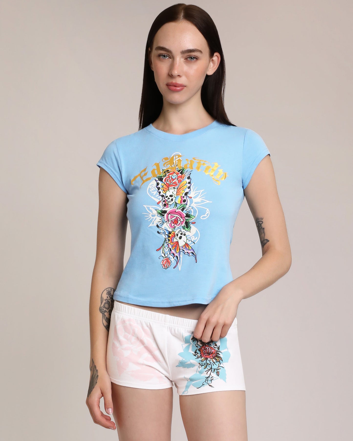 Flower Skulls Cap Sleeve Fitted Tee