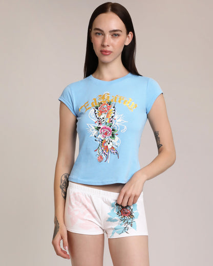 Flower Skulls Cap Sleeve Fitted Tee