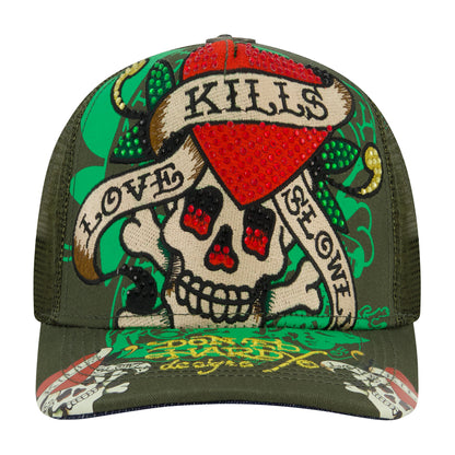 LKS Skull Rhinestone Trucker Hat - Olive