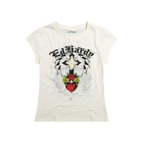 Cross Heart Rhinestone Fitted Tee