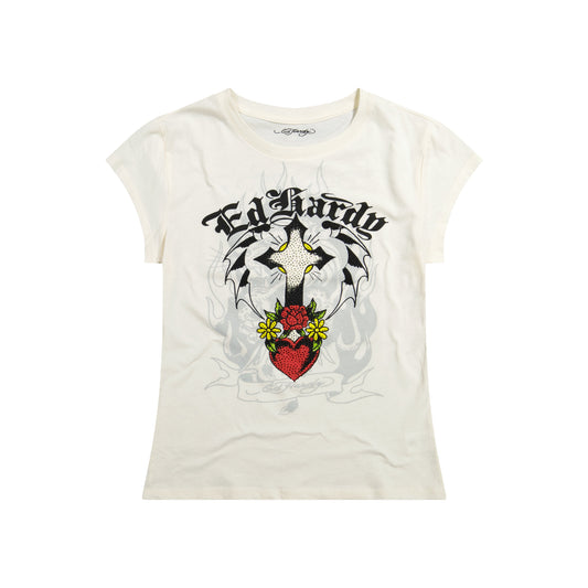 Cross Heart Rhinestone Fitted Tee