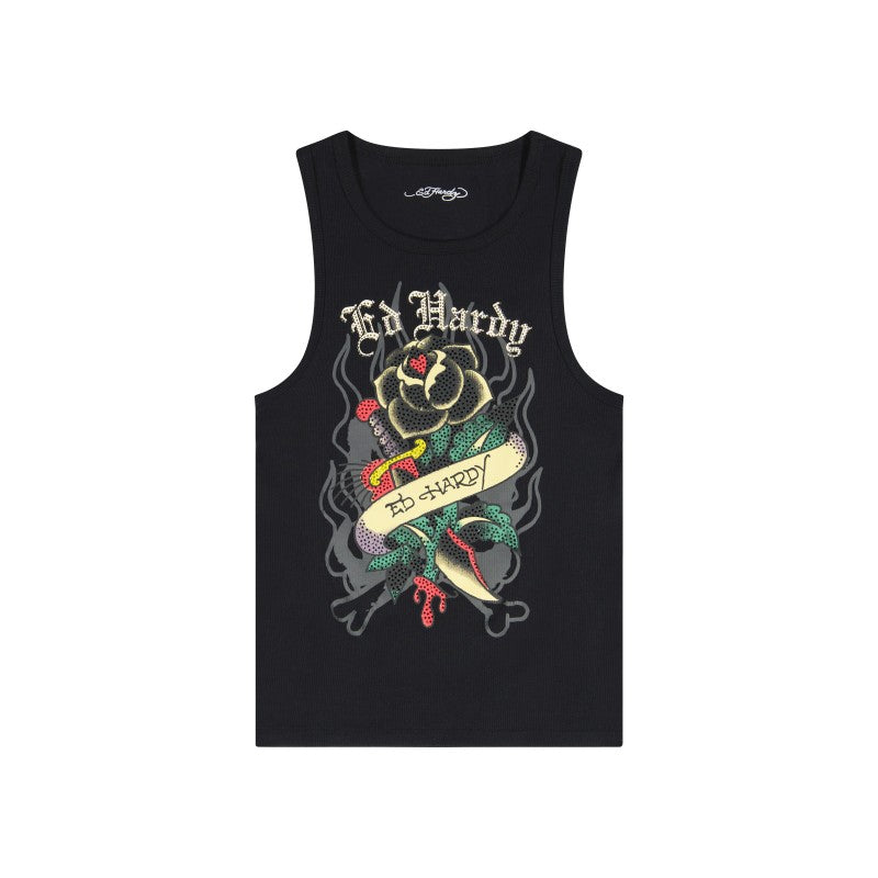Black Rose Rhinestone Tank