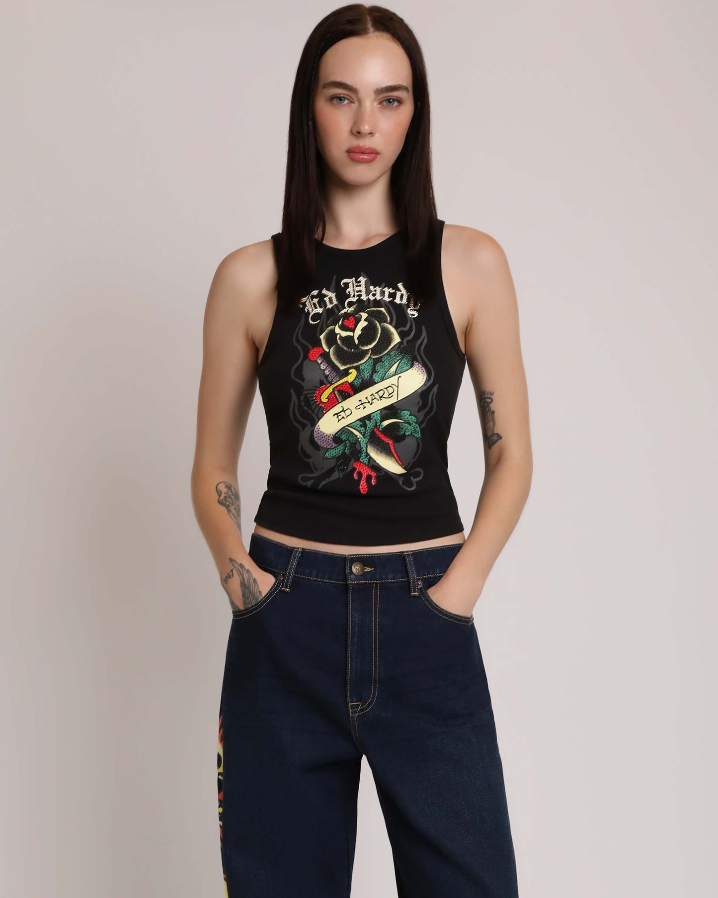 Black Rose Rhinestone Tank