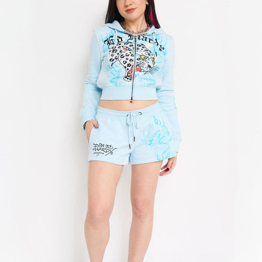 Blue Leopard Y2K Rhinestone Fleece Shorts