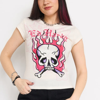 Pink Flame Skull Cap Sleeve