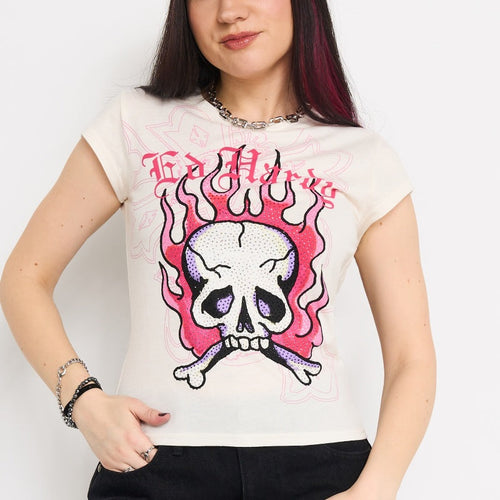 Pink Flame Skull Cap Sleeve