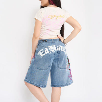 Flower Diamond Embroidered Denim Shorts